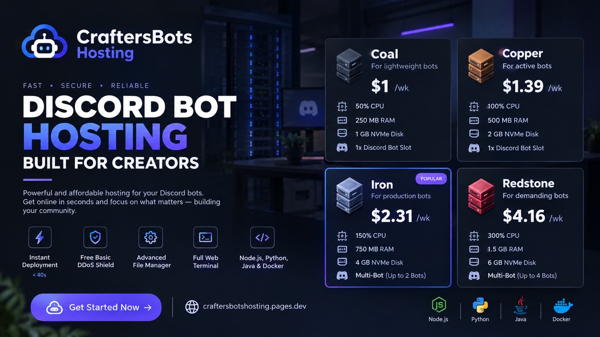 CraftersBots Hosting — multi-platform bot hosting plans Coal, Copper, Iron and Redstone, fast, secure and reliable Discord bot hosting